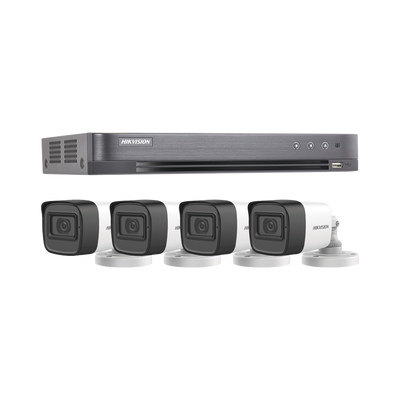 (MICRÓFONO INTEGRADO) KIT TURBOHD 5 Megapixel / DVR 4 Canales / 4 Cámaras Bala con Micrófono Integrado (exterior 2.8 mm) / Fuente de Poder / Accesorios de Instalación