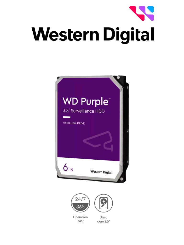  WESTERN DIGITAL WD64PURZ - Disco Duro de 6 TB Purple/ Especial para Videovigilancia/ Trabajo 24/7/ Interface: Sata 6 Gb/s/ Cache 256 MB/ Hasta 64 Cámaras/ Hasta 16 Bahías de Discos Duros/ 3 Años de Garantía/