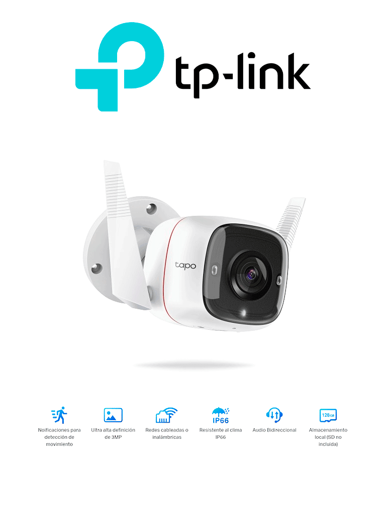TP-LINK TAPO C310 - Cámara IP WiFi tipo Bullet/ Para Exterior/ Resolución de 3 Megapixeles/ Visión Nocturna/ Notificación Push/ Ranura para Micro SD