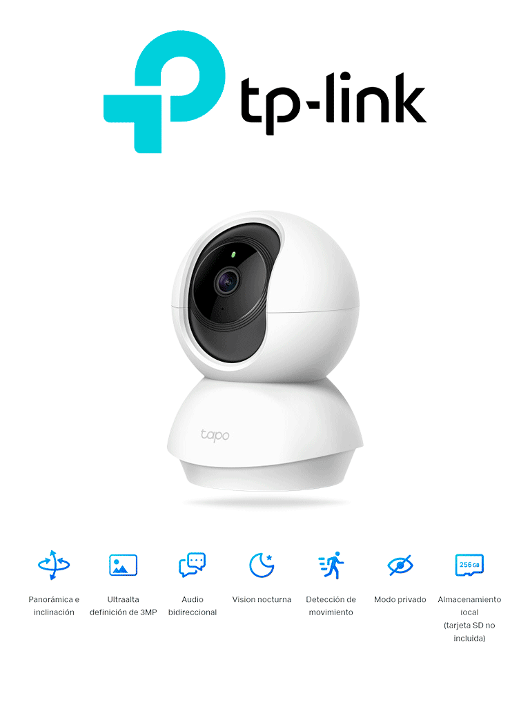 TP-LINK TAPO C210 - Cámara Domo IP  PT WiFi/ Para Interior/ Resolución de 3 Megapixeles/ Visión Nocturna/ Notificación Push/ Ranura para Micro SD/ Audio de doble vía