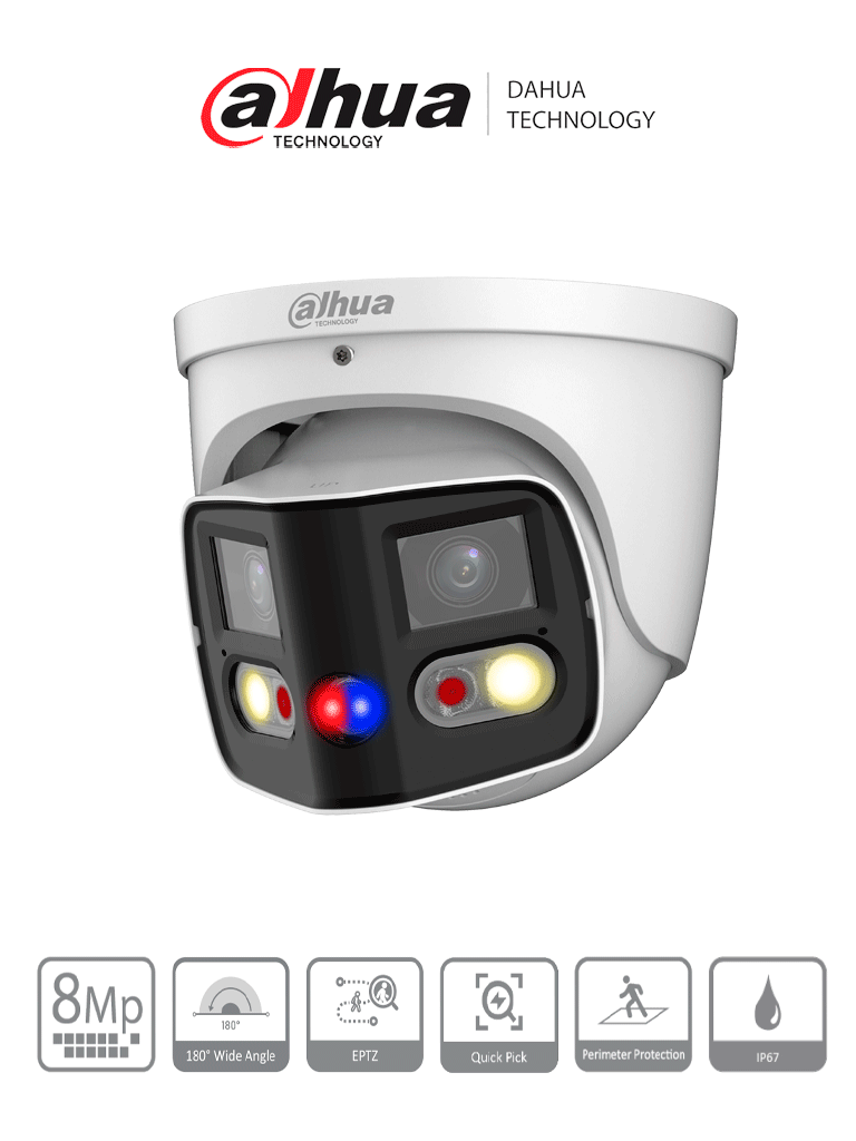 DAHUA IPC-PDW3849-A180-AS-PV Cámara IP WizSense Eyeball fija TiOC Dual de 2x4MP/ Ángulo de Visión 180°/IR es de 25 m/ LED 20 m/ Ranura para Micro SD/  Micrófono y Altavoz integrado/ IP67/ Disuasión Activa/ SMD 4.0./ EPTZ/ E&S de Alarma y Audio