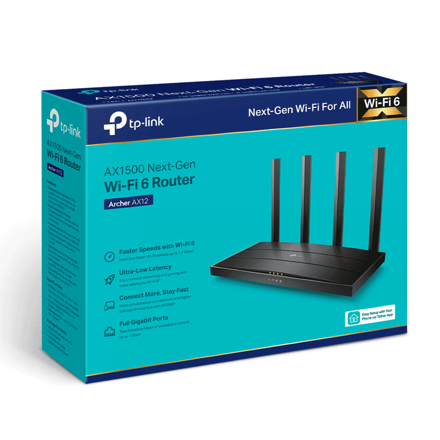TP-LINK Archer AX12 - Ruteador WiFi 6 AX 1500Mbps/ 1 Puerto WAN RJ45 Gigabit Ethernet/ 3 Puertos LAN RJ45 Gigabit Ethernet/ MU-MIMO y OFDMA/ 4 Antenas Beamforming