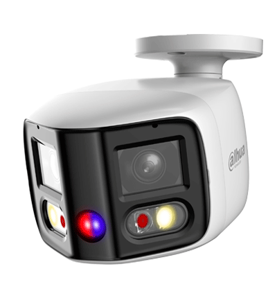 DAHUA IPC-PFW3849S-A180-AS-PV Cámara IP Bullet WizSense de 2x4MP TiOC Duo  fija de 180°/ LED IR 25 m/ Luz cálida es de 20 m/ Ranura Micro SD/ PoE/ IP67/ Disuasión Activa /Micrófono dual y Altavoz integrado/ EPTZ/ SMD 4.0/ E&S de Alarma y Audio