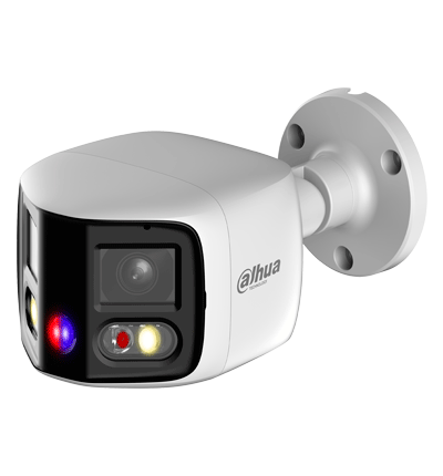DAHUA IPC-PFW3849S-A180-AS-PV Cámara IP Bullet WizSense de 2x4MP TiOC Duo  fija de 180°/ LED IR 25 m/ Luz cálida es de 20 m/ Ranura Micro SD/ PoE/ IP67/ Disuasión Activa /Micrófono dual y Altavoz integrado/ EPTZ/ SMD 4.0/ E&S de Alarma y Audio