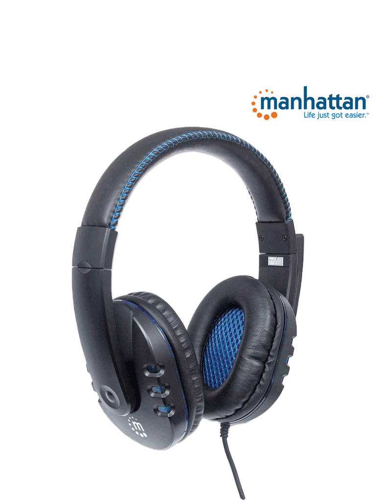 MANHATTAN 176088 - Audífonos USB para videojuegos, con luces LED Para PC, PS3 y PS4, micrófono retráctil integrado, función de control de audio, cable USB de 1,8 m integrado, color negro y azul