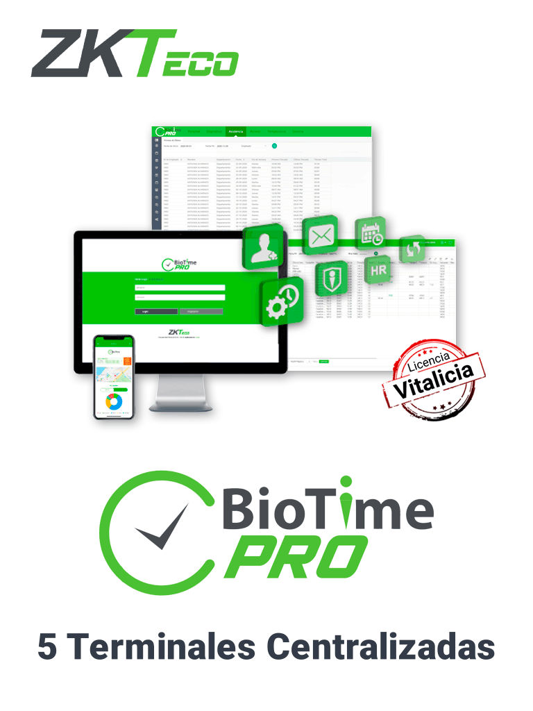 ZKTECO BIOTIMEPROSTARTER- Licencia de Asistencia Vitalicia / Versión WEB / Para 5 Terminales Centralizadas / 500 Empleados / 1 Punto para App / 1 Multicompañia 