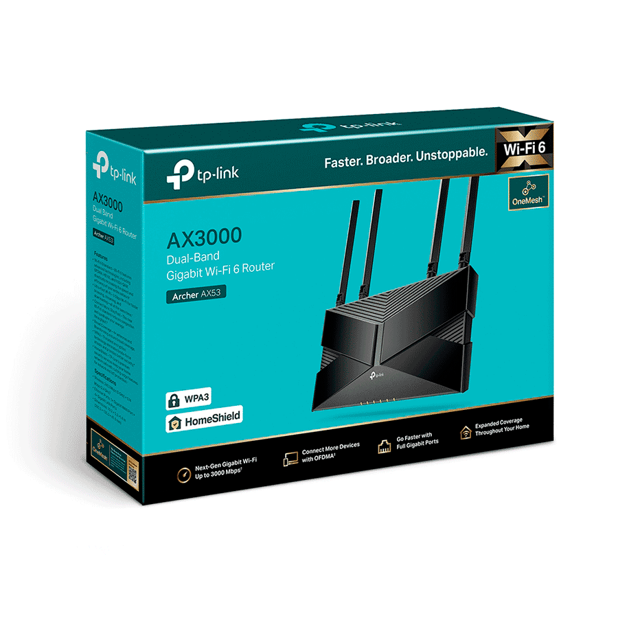 TP-LINK Archer AX53 - Ruteador WiFi 6 AX 3000Mbps/ 1 Puerto WAN RJ45 Gigabit Ethernet/ 4 Puertos LAN RJ45 Gigabit Ethernet/ MU-MIMO y OFDMA/ 4 Antenas Beamforming