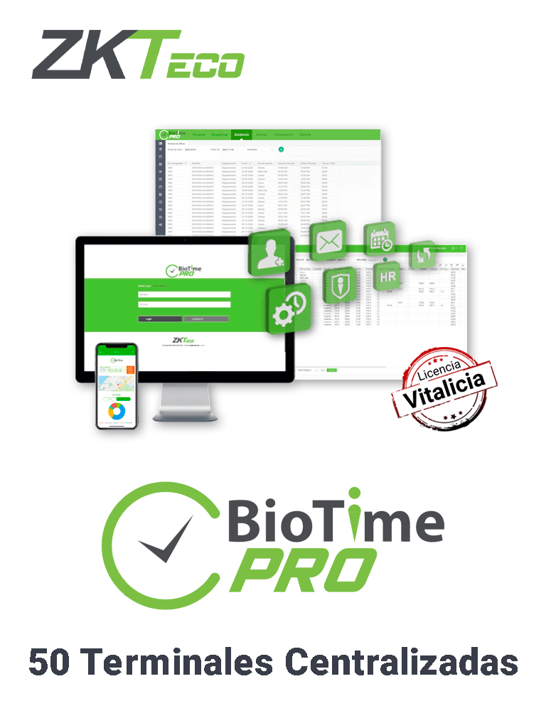 ZKTECO BIOTIMEPROPREMIUM - Licencia de Asistencia Vitalicia / Versión WEB / Para 50 terminales centralizadas / 6000 Empleados / 1 Punto para App / 5 Multicompañías