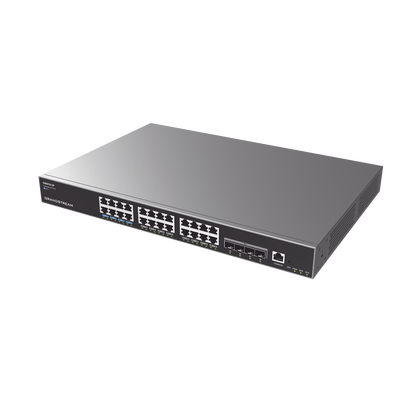 Switch Capa 3 PoE+ Administrable / 24 puertos 10/100/1000 Mbps + 4 Puertos SFP+ de 10 Gigabits / Hasta 360W / Compatible con GWN Cloud.