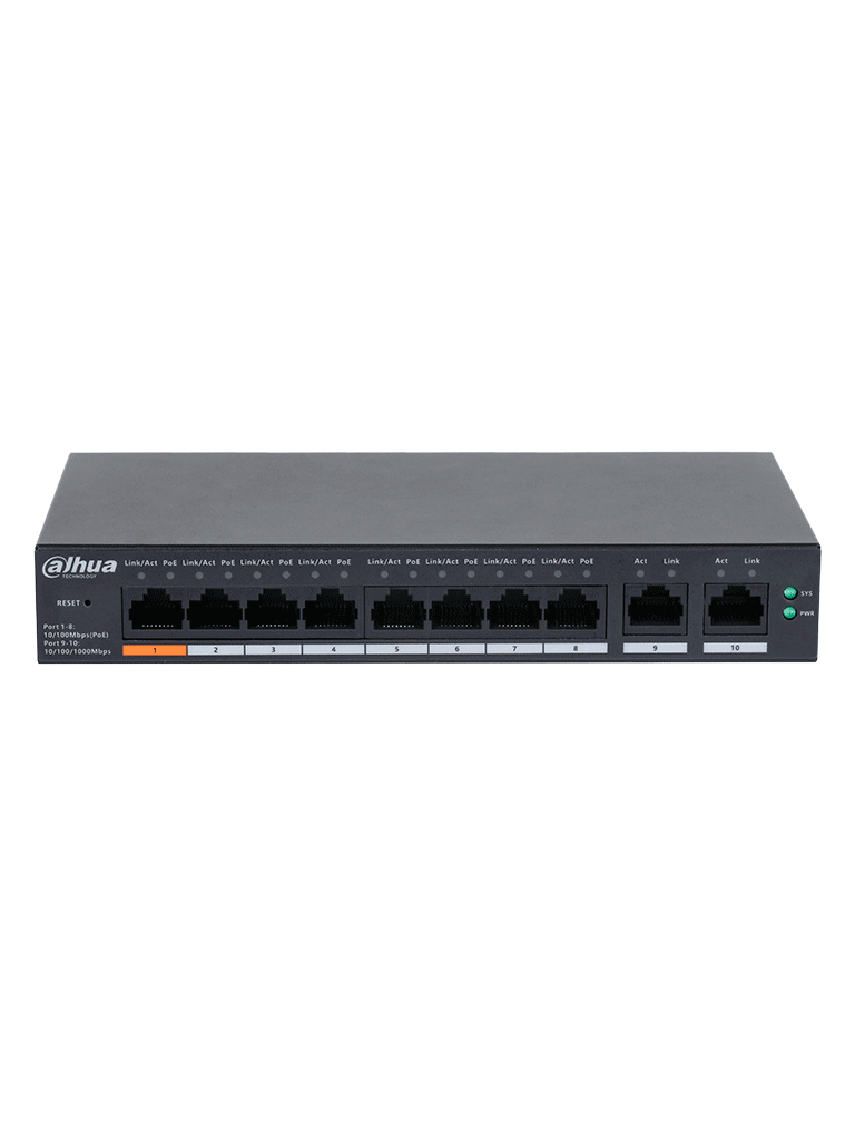 DAHUA DH-CS4010-8ET-60 Switch Poe de 8 Puertos Gigabit/ Poe Inteligente/ 60Watts Totales/ 2 Puertos uplink/ Switching 4.8Gbps/ Protección de Descargas/ Plataforma DoLynk Care