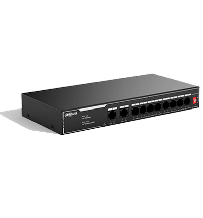 DAHUA SF1010LP - Switch PoE de 10 Puertos Fast Ethernet/ 8 Puertos PoE 10/100 / 65 Watts Totales / 2 Puertos Uplink RJ-45/ PoE watchdog/ Hasta  250 metros/ Switching 12 Gbps/ Protección Contra Descargas/ #LoNuevo