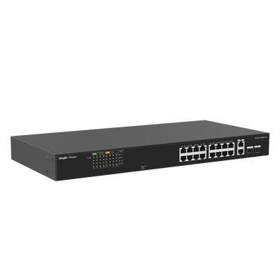 Switch PoE+ No Administrable Ideal para CCTV, 16 Puertos 10/100, 2 Uplinks Gigabit y 2 SFP, Carcasa Metálica