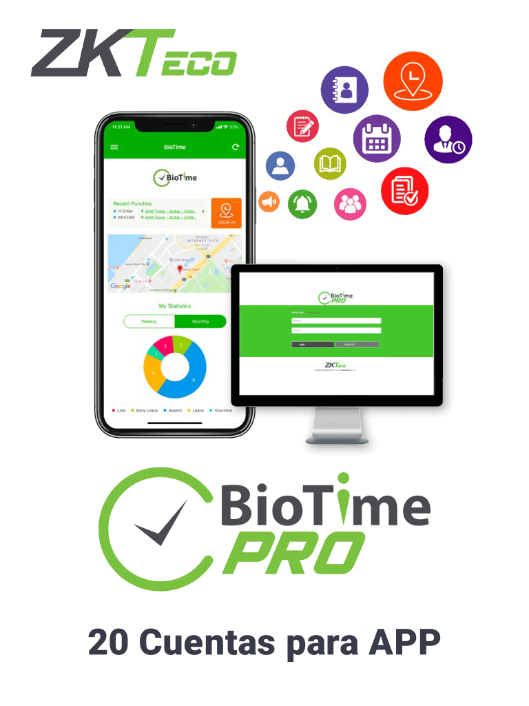 ZKTECO BIOTIMEPROAPPBASIC - Licencia Vitalicia de Aplicación Móvil para uso de ZK BIOTIMEPRO / Compatible con celulares ANDROID o  iOS / Soporta 20 cuentas