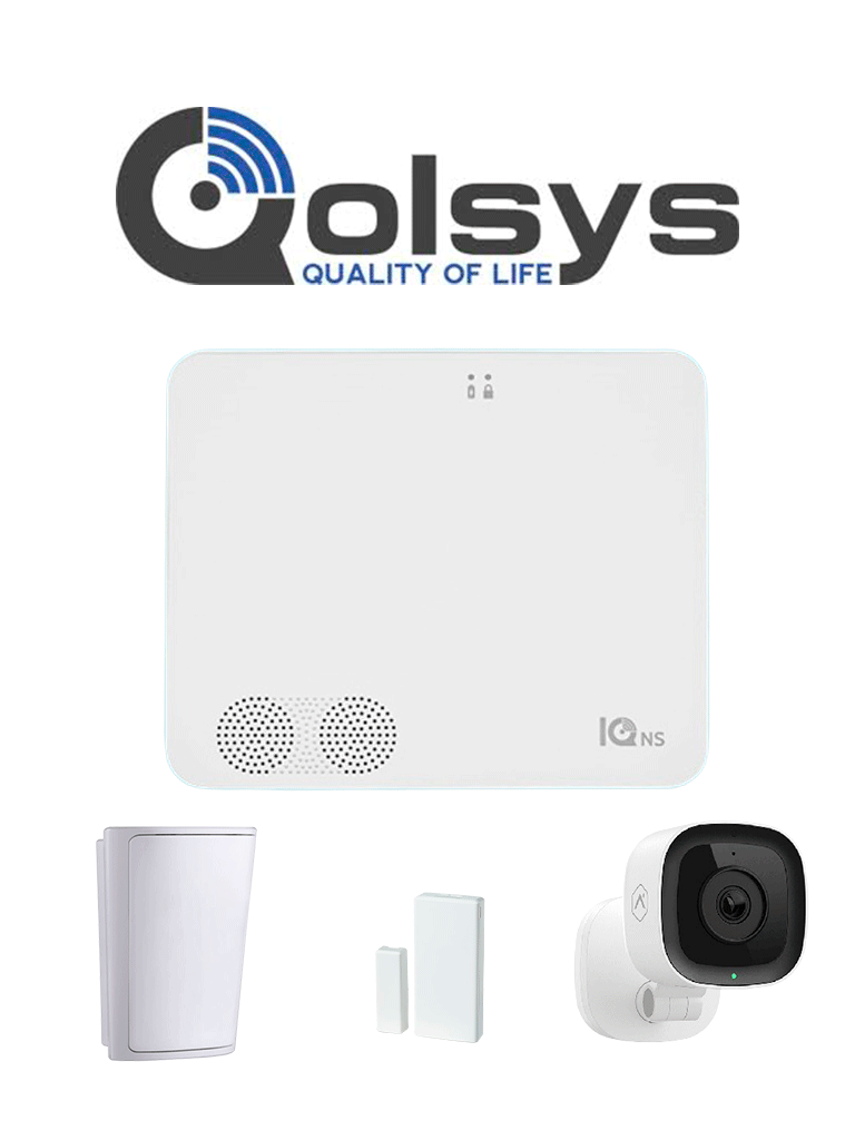 QOLSYS IQ4 NS Video Basico - Paquete que contiene Sistema de Alarma IQ 4 NS", Power G 915 Mhz  1 sensor PIR inalámbrico PG9914, 1 sensores magnéticos inalámbrico PG9303 y Cámara Interior alarm.com ADCV523