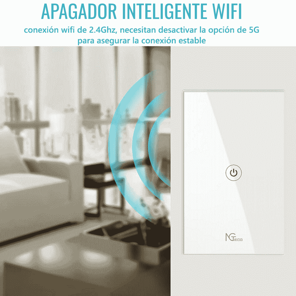 NGTECO NGS101 - Apagador Inteligente WiFi 1 Botón Touch / Control Remoto vía App / Control por Voz / Temporizador / Panel Táctil de Alta Sensibilidad / WiFI 2.4 GHz / Se requiere Cable Neutro / Compatible con Alexa y Asistente de Google