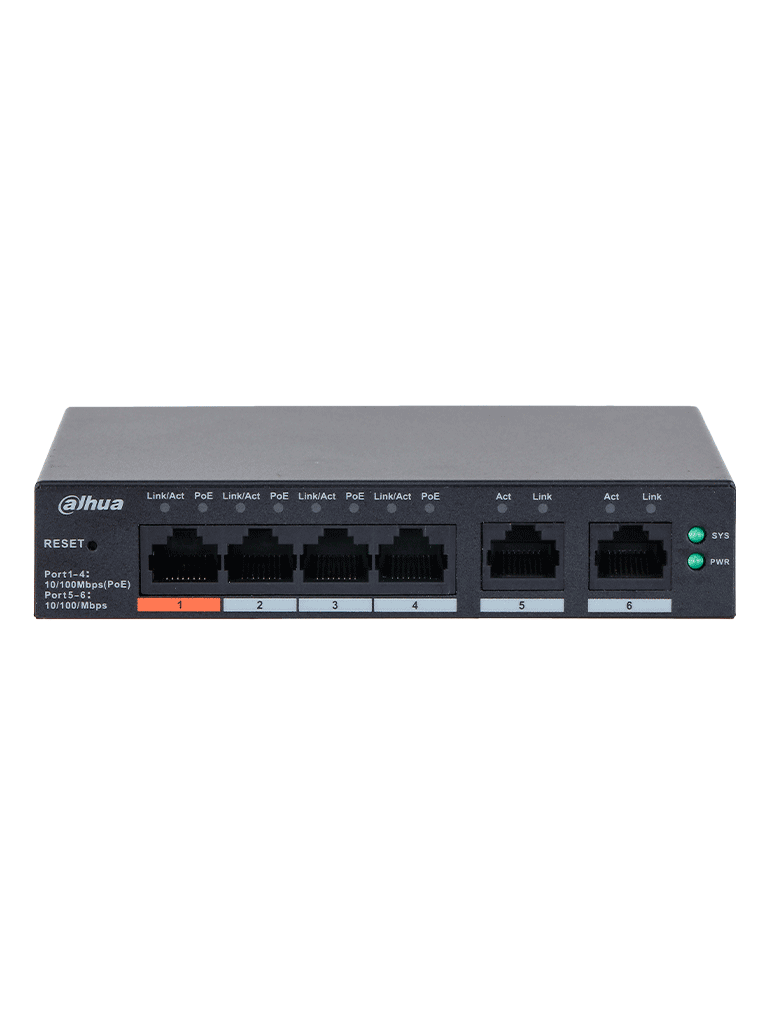 DAHUA DH-CS4006-4ET2ET-60 - Switch PoE de 6 Puertos Administrable con 4 PoE (10/100 Mbps) y 2 uplink (10/100/1000 Mbps). Total de 65 W PoE, administración en la nube con DoLynk Care, carcasa metálica robusta, ideal para redes IP.#LoNuevo