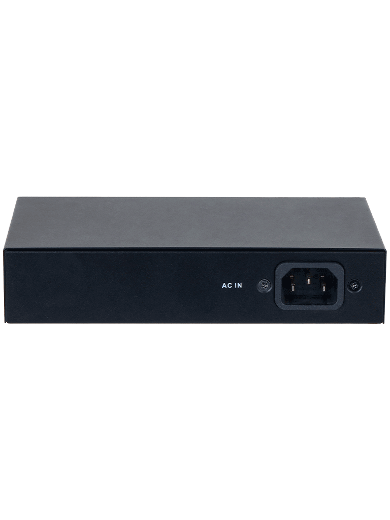 DAHUA DH-PFS3005-4GT-36 - Switch con 4 puertos Gigabit PoE y 1 puerto RJ45 10/100/1000 Mbps. Ofrece protección contra descargas eléctricas, ideal para alimentar dispositivos IP. Incluye fuente de poder integrada.