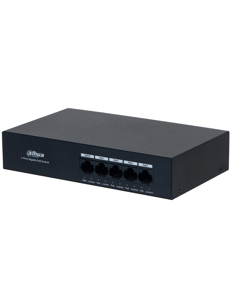 DAHUA DH-PFS3005-4GT-36 - Switch con 4 puertos Gigabit PoE y 1 puerto RJ45 10/100/1000 Mbps. Ofrece protección contra descargas eléctricas, ideal para alimentar dispositivos IP. Incluye fuente de poder integrada.