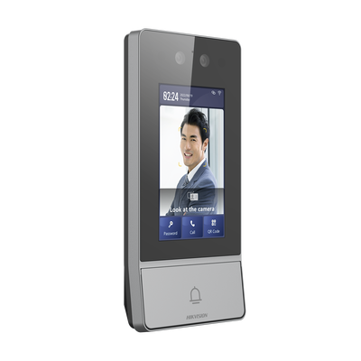 Videoportero IP 2 Megapixel / Llamada y Apertura Remota desde App Hik-Connect / Reconocimiento Facial / Panel touch 4.3"/ Exterior IP65 + Antivandalico IK08 / Botón mecanico de llamada / PoE / 1 Departamento / Apertura con Tarjeta, Codigo PIN 