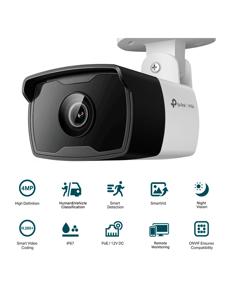 VIGI C340I(2.8mm) - Cámara IP tipo bala IR para exteriores de 4 MP,  PoE/12V CC, lente fija de 2,8 mm, IP67 CARACTERÍSTICA: Detección inteligente (Clasificación de personas y vehículos)