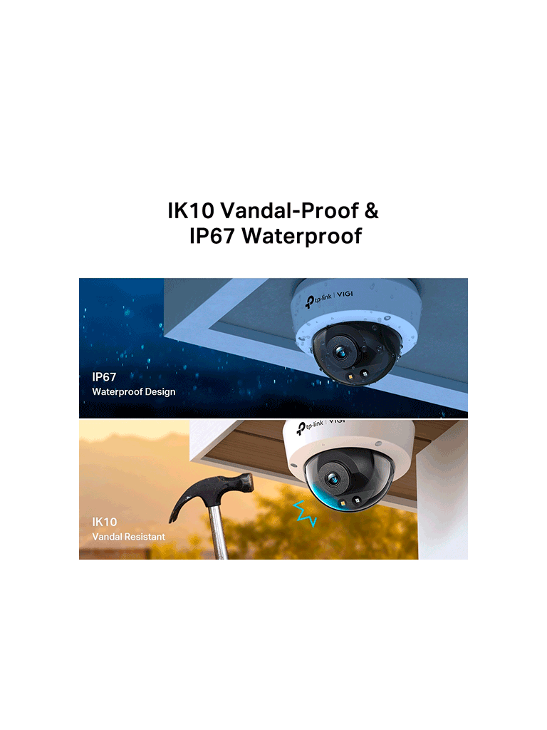 TP-LINK - VIGI C240(2.8mm) Cámara IP Domo FullColor de 4MP, con lente de 2.8mm. Certificada con IK10 y resistencia IP67, incluye micrófono y grabación local con ranura micro SD. 
