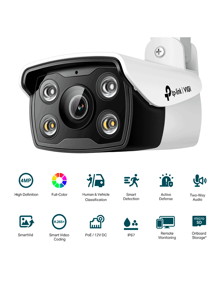 TP-LINK VIGI C340(2.8mm) Camara IP Bullet FullColor con resolución de  4MP y lente de 2.8mm. Incluye audio bidireccional para comunicación en tiempo real, ranura para microSD de hasta 256 GB para grabación local y protección IP67.