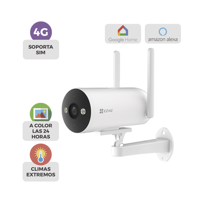 Cámara Bala / 4G / Resolución 3 Megapixel (2K) / Visión Nocturna en Color / AI Detección de Humanos y Vehículos / Defensa Activa con Sirena y Luz Estroboscópica / IP67 