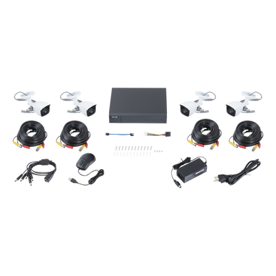 KIT TurboHD 1080p / DVR 4 canales / 4 Cámaras Bala de Metal / H.265+ / 1 Fuente de Poder Profesional / Accesorios de Instalación