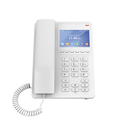 Teléfono IP Hotelero con pantalla LCD a color, 2 líneas SIP con 2 cuentas, codec Opus, IPV4/IPV6, color blanco, con gestión en la nube GDMS