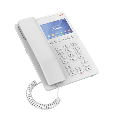 Teléfono IP Hotelero con pantalla LCD a color, 2 líneas SIP con 2 cuentas, codec Opus, IPV4/IPV6, color blanco, con gestión en la nube GDMS
