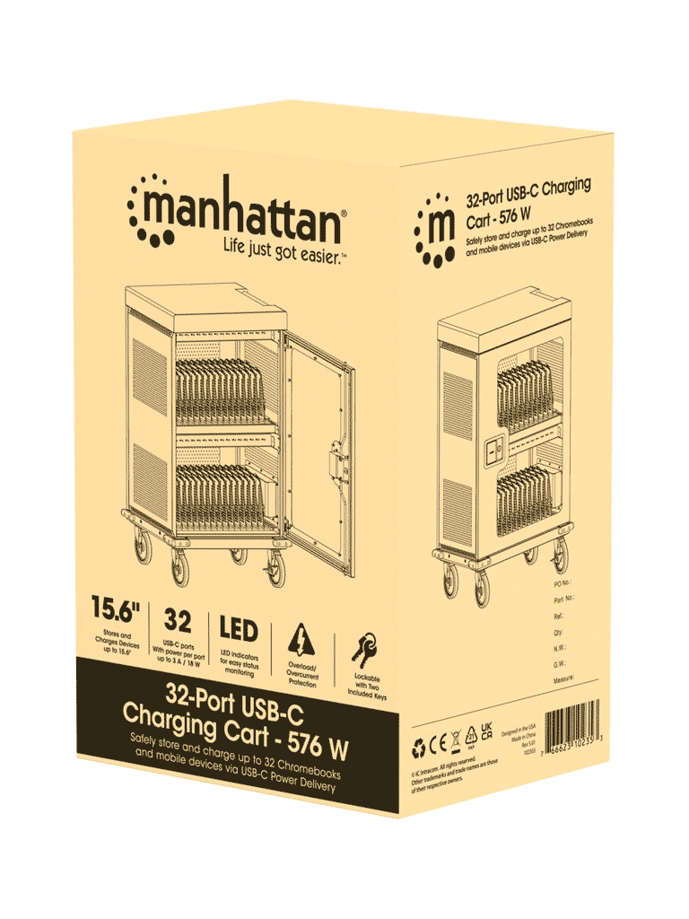 MANHATTAN 102353 - Gabinete de carga con 32 puertos/ Puerta de vidrio / USB-C - 576 W 32 puertos USB-C PD / amplias bahías para Chromebooks, tabletas y teléfonos, hasta 18 W por puerto / con ventilación / carcasa metálica, negro