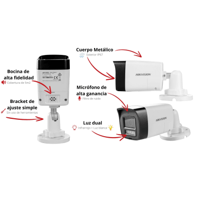 [Audio Bidireccional + Dual Light + ColorVu] Bala TURBOHD 2 Megapixel (1080p) / Lente 2.8 mm / 30 mts IR EXIR + 20 mts Luz Blanca / Micrófono y Bocina Integrado / Exterior IP67 / Metal / dWDR