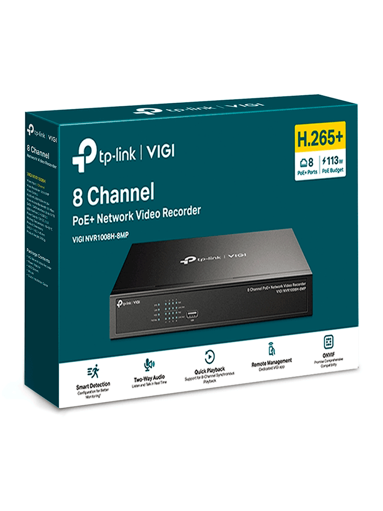 VIGI NVR1008H-8MP -  NVR de 8 canales PoE 8MP - De hasta 8 MP, capacidad de decodificación/4 canales a 2 MP, ancho de banda entrante de 80 Mbps (hasta 16 canales), 1 Interfaz SATA (hasta 10 TB), 1 puerto de 100 Mbps