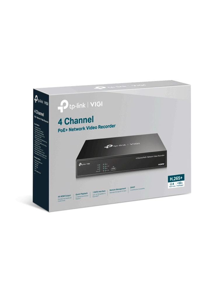 TP-LINK VIGI NVR1004H-4P - NVR PoE+ de 4 canales, con salida de video HDMI 4K y capacidad de decodificación de 16MP. Con ancho de banda de 80Mbps, 1 Interfaz SATA de hasta 10TB. Y reproducción simultánea de 4 canales. 