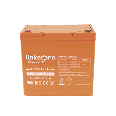 Batería 12 Vcc / 55 Ah / UL / Tecnología AGM-VRLA / Retardo a la flama / Para uso en equipo electrónico, Alarmas de Intrusión / Incendio/ Control de acceso / Video Vigilancia / T2