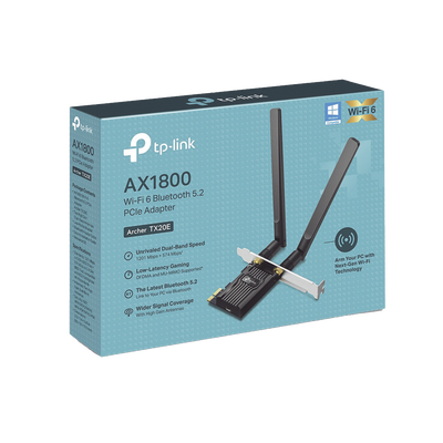 Adaptador  PCIe inalámbrico doble banda AX1800 Mbps / Seguridad Inalámbrica WPA3 /Antena de alta ganancia / Tecnología MU-MUMO 2X2 / Soporte de perfil bajo y Altura completa / Bluetooth 5.2
