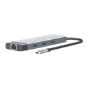 Adaptador HUB 9 en 1, 1 puerto USB-C entrada, 1 puerto HDMI 4K, 1 puerto Ethernet Gigabit, 1 puerto SD y MicroSD, 1 puerto USB-C y 3 puertos USB-A