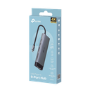 Adaptador HUB 9 en 1, 1 puerto USB-C entrada, 1 puerto HDMI 4K, 1 puerto Ethernet Gigabit, 1 puerto SD y MicroSD, 1 puerto USB-C y 3 puertos USB-A