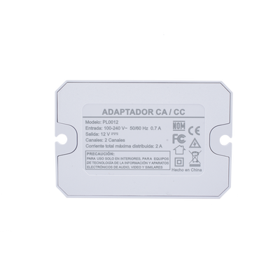 Adaptador/  12 Vcc / 2 Amperes / Terminales de entrada para Vca en 2 pines / 2 salidas para Vcc en 2 pines