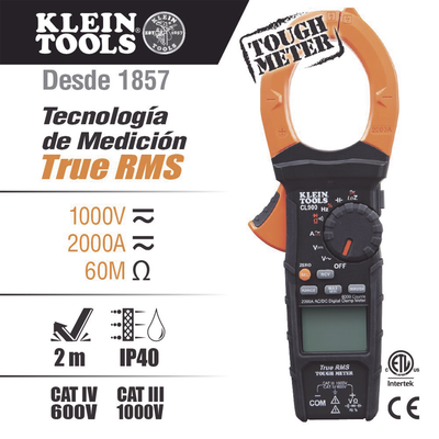 Amperímetro Digital de Gancho de Rango Automático de 2000 A CA, con Media Cuadrática Real y Baja Impedancia (LoZ).