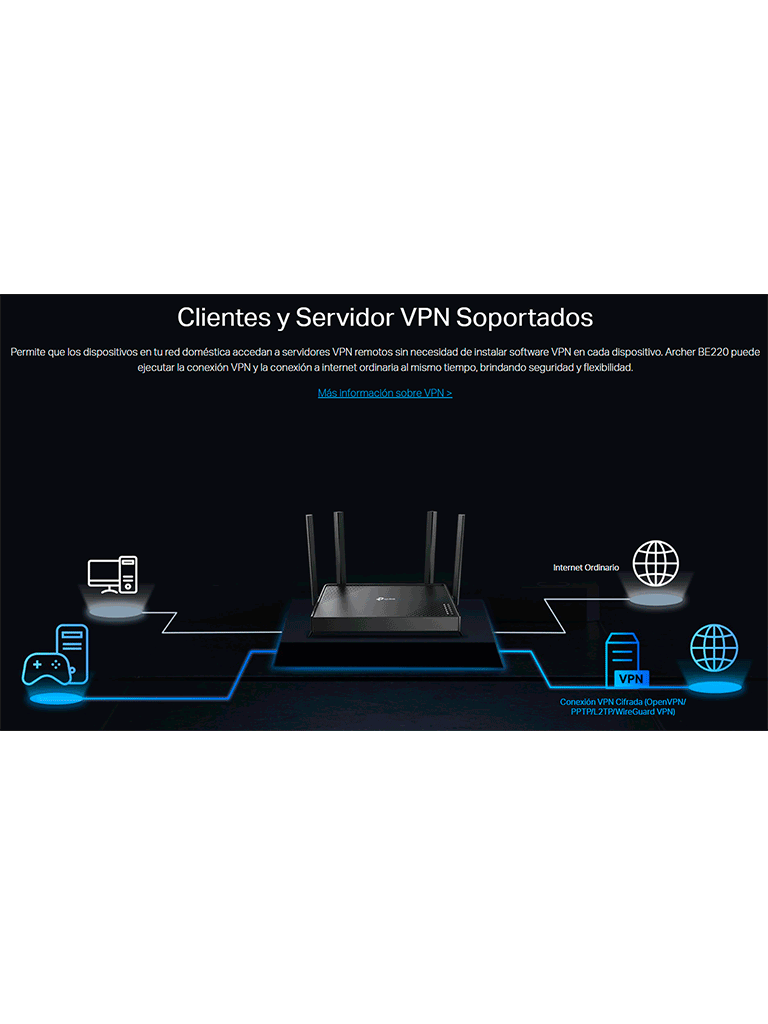 Archer BE220 BE3600 Dual-Band Router WiFi 7 de Doble Banda a 3.6 Gbps, Puertos 1× puerto WAN de 1 Gbps + 4× puertos LAN de 1 Gbps, 4× antenas externas junto con Beamforming,  Compatible con EasyMesh