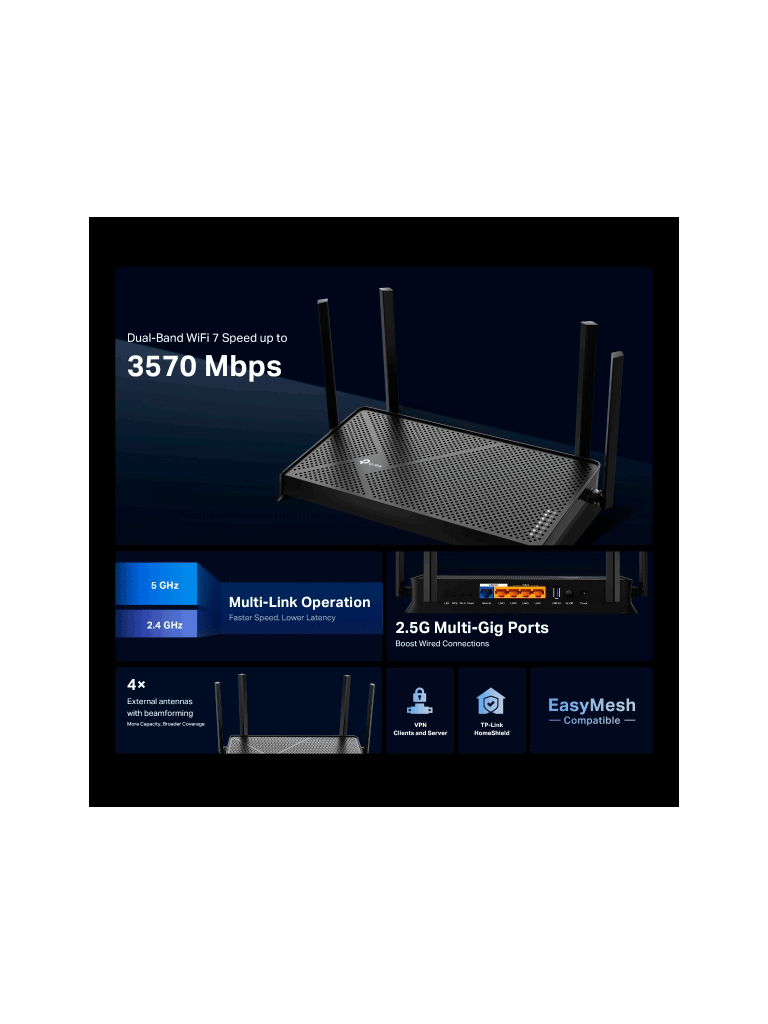 Archer BE230 Router Wi-Fi 7 BE3600 con Puertos Multi-Gigabit, WiFi 7 de Doble Banda a 3.6 Gbps, Compatible con EasyMesh, 2× Puertos de 2.5G.