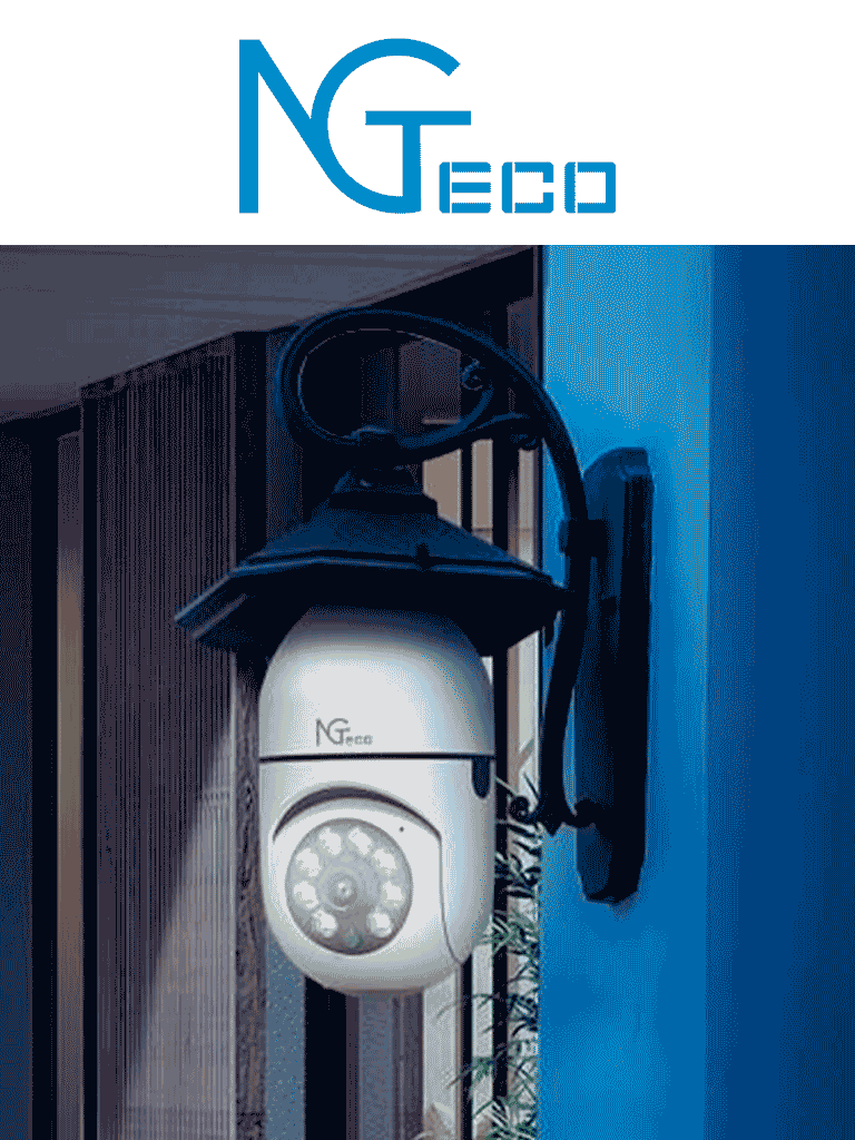 NGTECO NGSH01C2IN - Cámara Inteligente WiFi / 2MP / Visión PTZ 355° / Lente HD 4mm / Visión Nocturna IR + Luz Blanca / Audio 2 Vias / Almacenamiento Local y en la Nube / Onvif / Compatible con Alexa y Asistente de Google