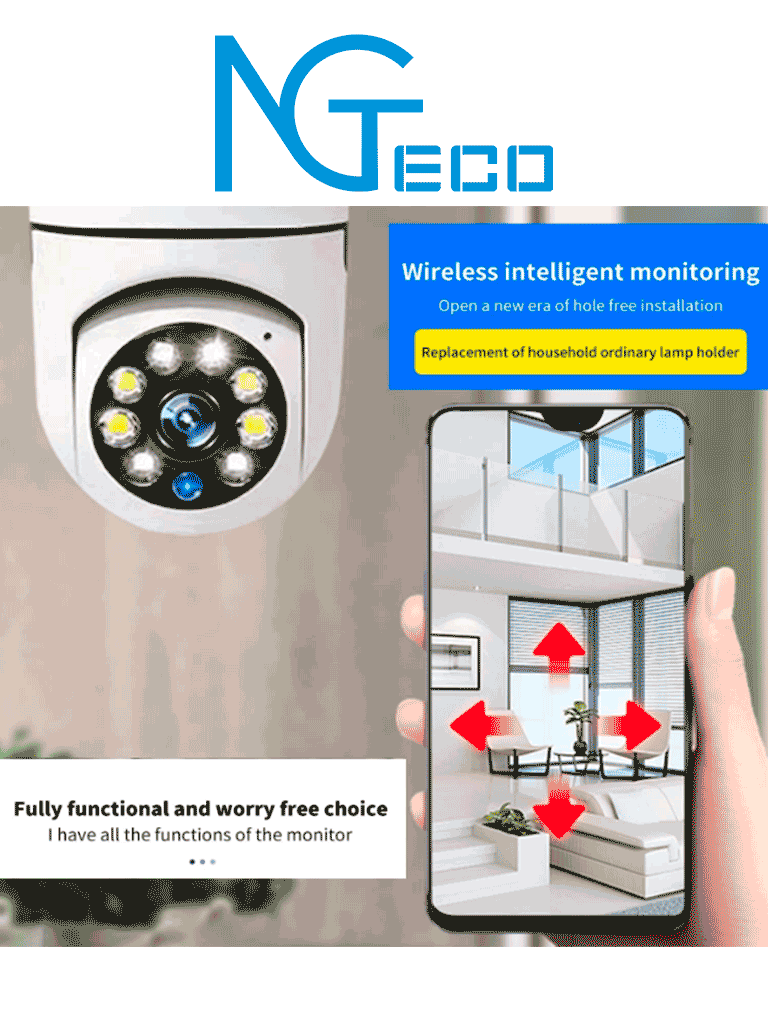 NGTECO NGSH01C2IN - Cámara Inteligente WiFi / 3MP / Visión PTZ 355° / Lente HD 4mm / Visión Nocturna IR + Luz Blanca / Audio 2 Vias / Almacenamiento Local y en la Nube / Onvif / Compatible con Alexa y Asistente de Google