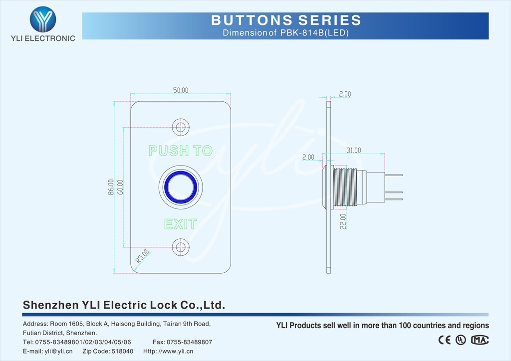 YLI PBK814BLED - Boton liberador de puerta de acero inoxidable