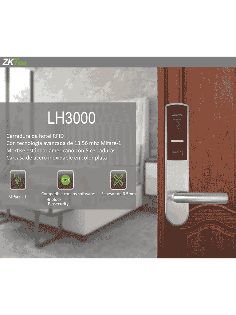 ZKTECO LH3000L - Cerradura Izquierda para Hotel / Mifare 13.56