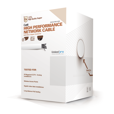 [88746] Bobina de cable de 305 metros de cable Cat6 de alto desempeño, super flexible, UL, Cobre, color blanco, para aplicaciones de video vigilancia y redes de datos