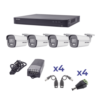 [198490] KIT COLORVU TURBOHD 1080p / DVR 4 Canales / 4 Cámaras Bala (exterior) lente 2.8mm / Fuente de poder profesional / Transceptores de video y Accesorios de corriente