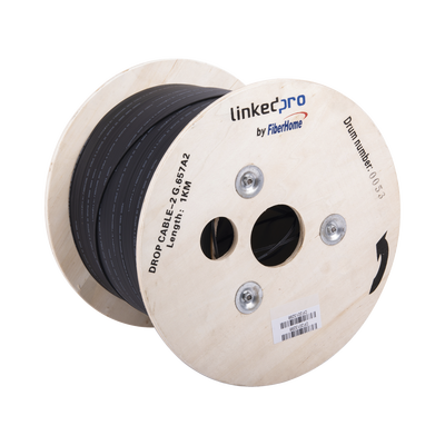 [172103] Carrete de 1 km de Fibra Óptica Drop, Interior/Exterior G.657A2 Monomodo de 2 hilos (bifibra), Dieléctrica, Forro Negro