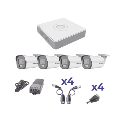 [198412] KIT COLORVU TURBOHD 1080p Lite / DVR 4 Canales / 4 Cámaras Bala (exterior 2.8 mm) / Transceptores / Conectores / Fuente de Poder Profesional